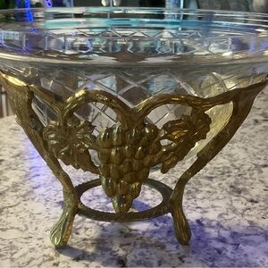 Luxurious Silver and Clear Glass Serving Bowl featuring grape vines